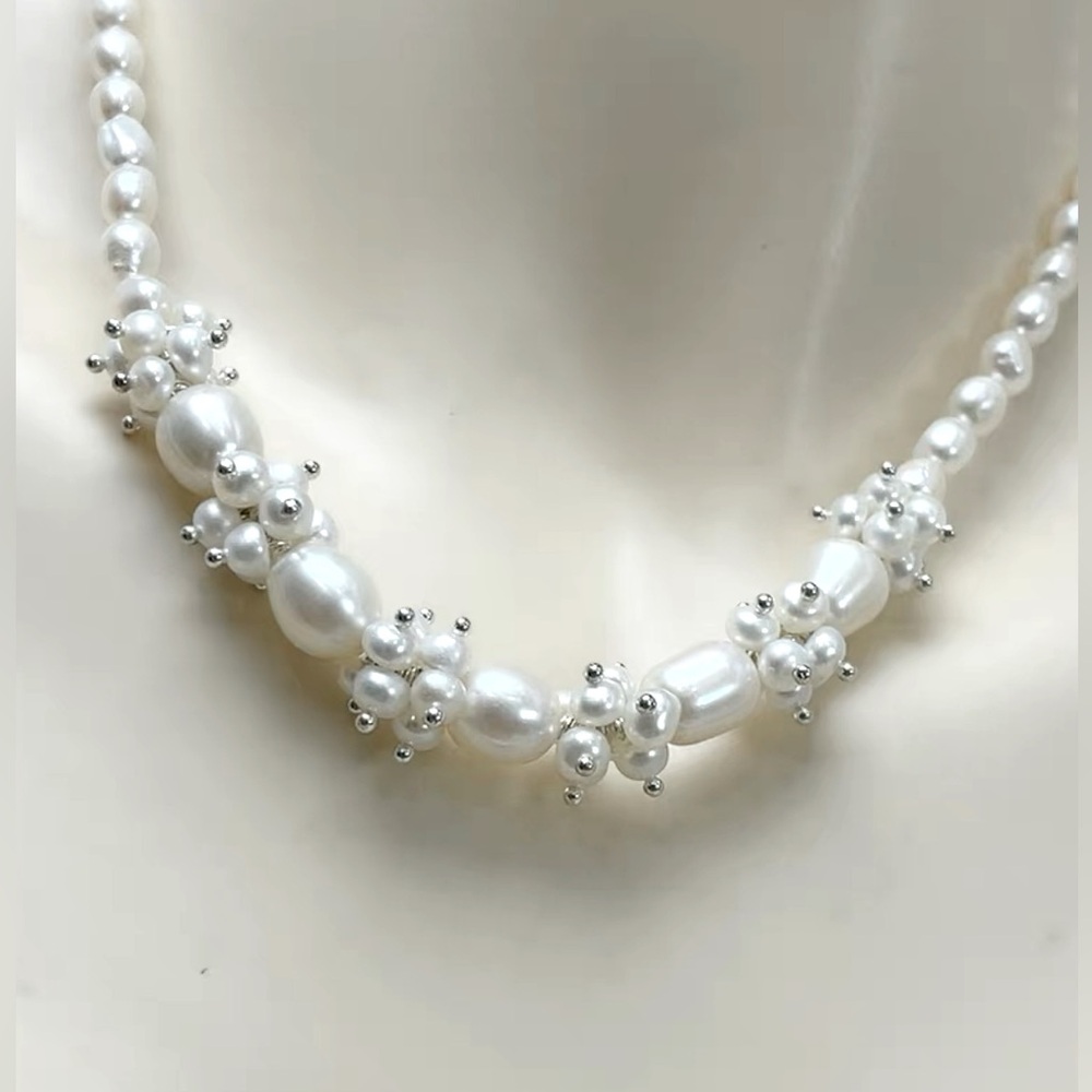 Genuine Pearl Necklace with Silver Accents #F13